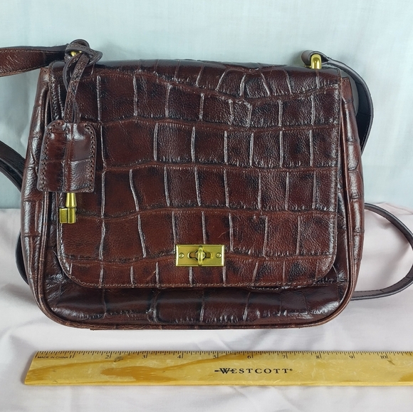 Fossil Brown Leather Turn Lock Croc Embossed Crossbody Bag w/ Key - Picture 16 of 16